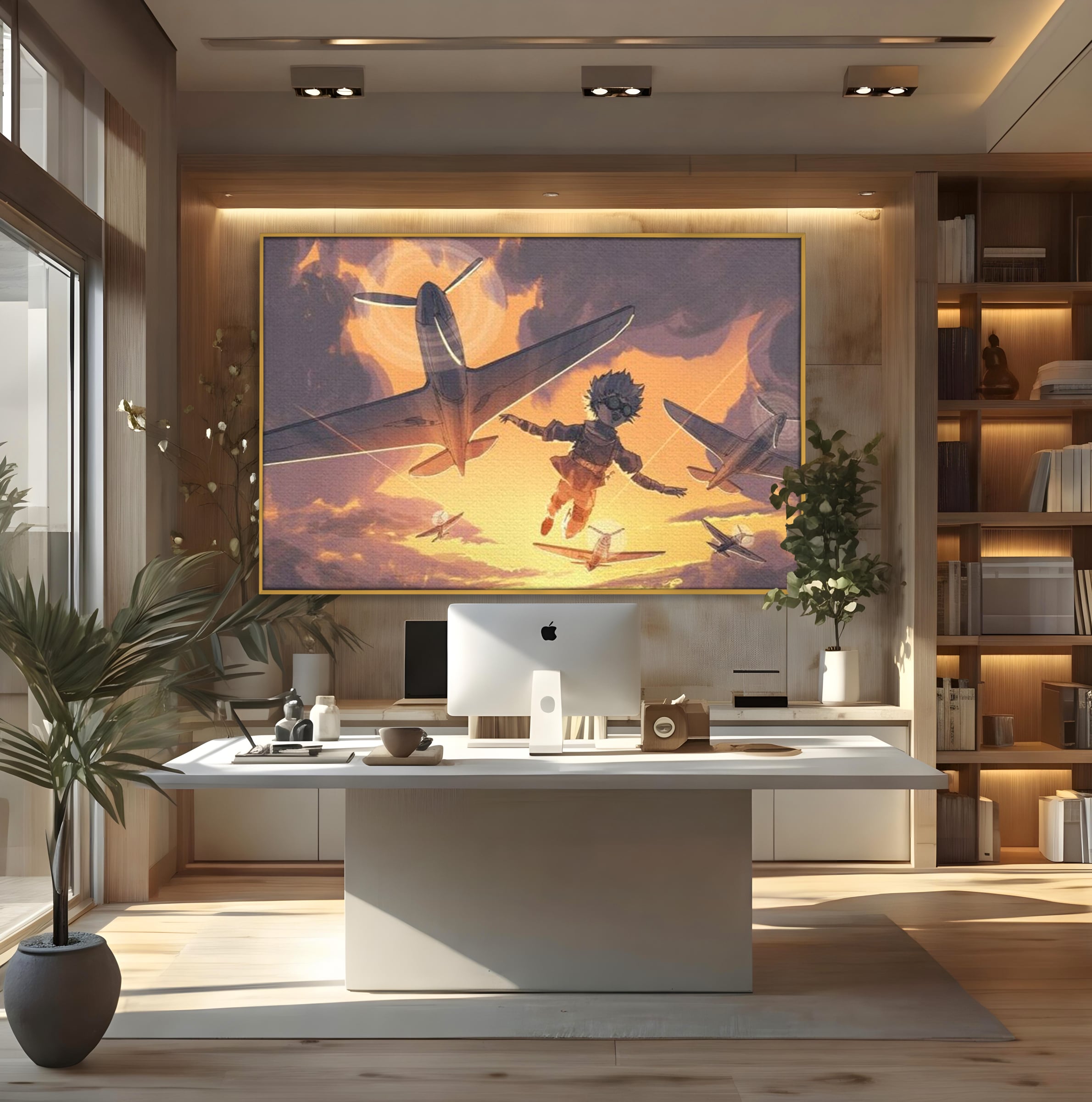 Tablou canvas cu ilustratie digitala cu un baietel zburand alaturi de avioane, in rama de aluminiu auriu, pe perete intr-un birou